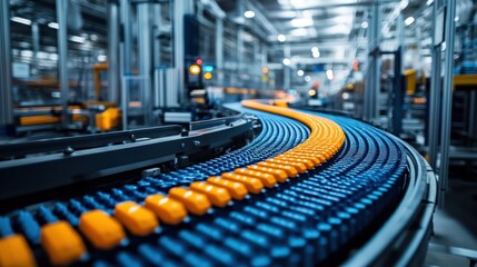 Fototapeta premium Close-up of conveyor belts moving products through an automated factory, showcasing the flow and efficiency of industrial automation.