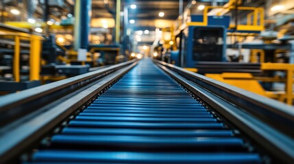 Close-up of conveyor belts moving products through an automated factory, showcasing the flow and efficiency of industrial automation.
