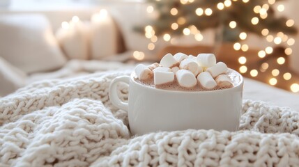 Hot cocoa with marshmallows in cozy interior