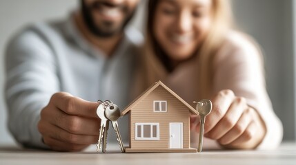 A happy couple holding keys and a small house model, symbolizing homeownership, new beginnings, and real estate.