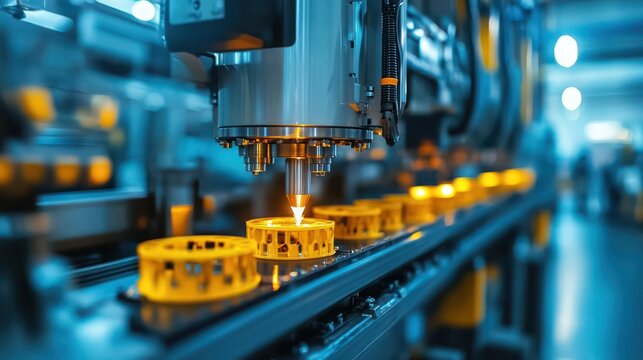 Close-up of injection molding machines producing plastic components in a high-tech facility.