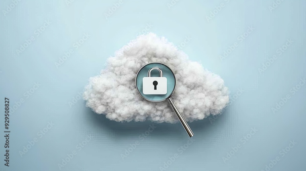 Poster a magnifying glass focuses on a padlock icon inside a cloud, representing cloud security and data pr