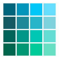 Turquoise gradient palette. Square color blocks. Fresh grid layout. Cool tone shades.