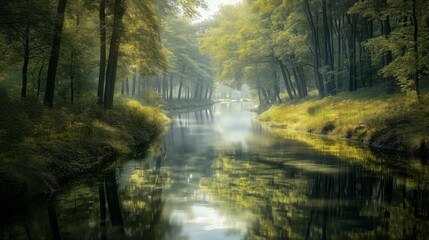 A serene river surrounded by trees, reflecting nature's beauty in soft light.