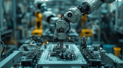 Fototapeta premium Close-up of robotic arms assembling components on a high-tech production line, showcasing precision automation.