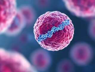 A microscopic view of a cell with a strand of DNA.  The cell is pink and the DNA is blue.  The image is a 3D rendering.