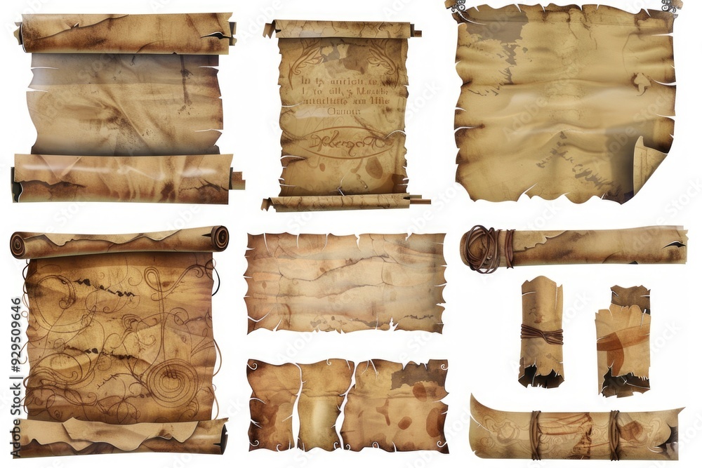 Poster a stack of ancient scrolls and manuscripts with worn leather bindings and yellowed pages