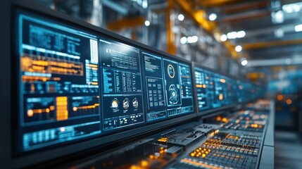 Obraz premium Control room with multiple screens monitoring automated processes in a factory, showcasing the role of oversight in automation.