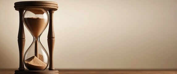 Wooden Hourglass with Sand Dripping on a Light Beige Background