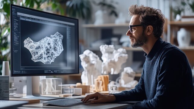 Designer reviewing a digital 3D model on a computer screen, highlighting the integration of design and 3D printing technology. - Powered by Adobe