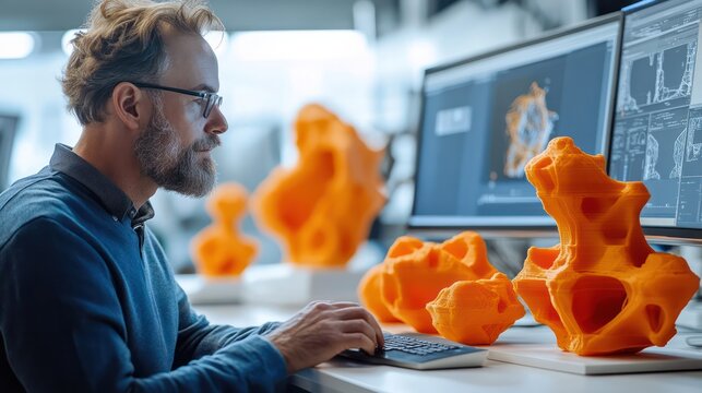 Designer reviewing a digital 3D model on a computer screen, highlighting the integration of design and 3D printing technology. - Powered by Adobe