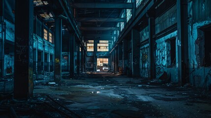 Creepy abandoned warehouse at night