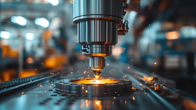 Detailed shot of a precision machining process in an aerospace manufacturing facility.