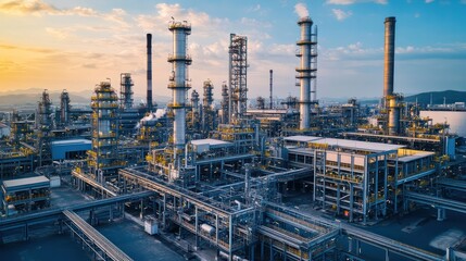Obraz premium Distant view of an industrial complex with interconnected buildings, pipelines, and a large workforce in action.