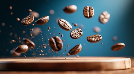Coffee beans levitating in the air. Coffee background