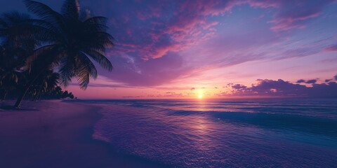 Serene Coastal Sunset with Gentle Waves, Glowing Foam, and Deep Purple-Blue Ocean in a Tropical Paradise