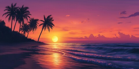 sunset on the beach, Beach Sunset with Gentle Waves, Silhouette Palm Trees, and a Vibrant Sky