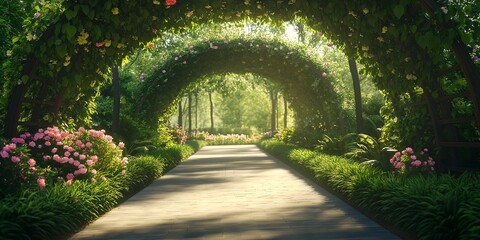 path in the garden, Serene Garden Walkway with a Canopy of Greenery and Bright Blossoms Leading to a Peaceful Retreat 