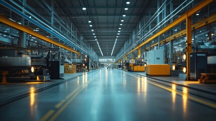Factory with automated machinery operating in sync, showcasing the coordination and efficiency of industrial automation.