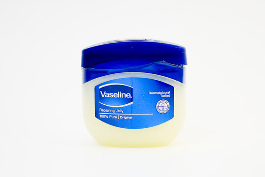 Close up a jar of Vaseline Repairing Jelly isolated on white background. Skin care ointment