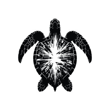 recommend clip art: silhouette of sea turtle, filled with destroyed futuristic dystopia environment in rough drawing, animal,