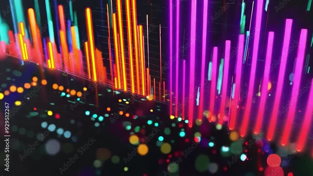 Poster Dynamic sound waves in bright colors create an energetic atmosphere, reflecting the rhythm of music in a visually captivating display.