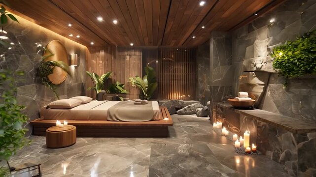 This serene bedroom features a comfortable bed surrounded by natural stone, plants, and soothing candlelight, creating a tranquil retreat for relaxation.