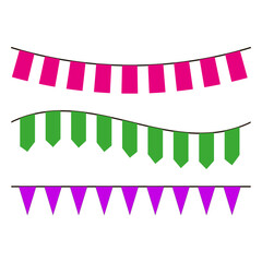 Obraz premium Colorful bunting flags. Pink, green, and purple garlands. Festive party decorations. Vector illustration.