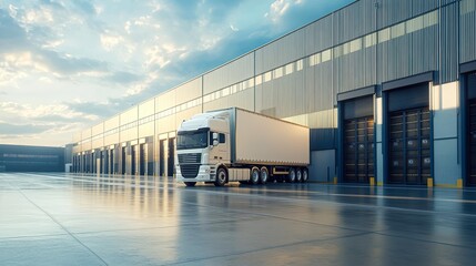 A large semi-truck is parked outside a modern distribution warehouse under a blue sky with scattered clouds, ideal for illustrating logistics, supply chain, or transportation topics,