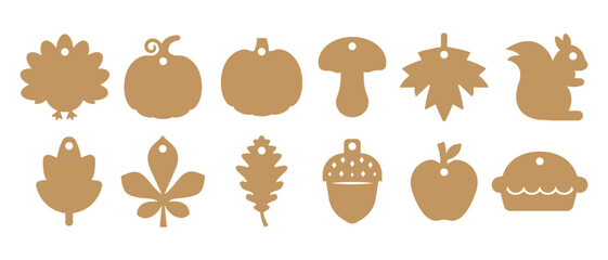 Set of 12 gift tags shapes with fall designs. Vector templates for cutting with craft paper or cardboard. Autumn tag stencils