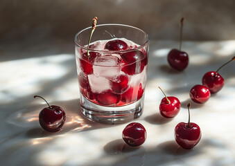 Cherry juice glass filled with fresh cherries, high-quality image showcasing the vibrant color and texture of the drink, professional food photography with a clean background.  
