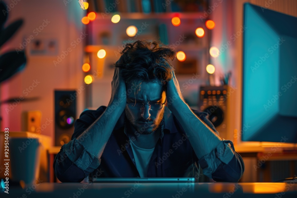 Poster a person feeling overwhelmed by technology, possibly struggling with coding or work-related tasks