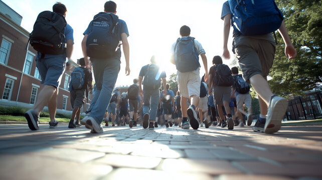 Students walking to class in a university or college environment. Moving crowd motion blurred background. Hand edited generative AI.