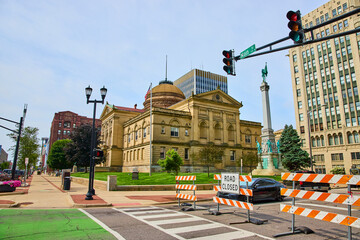 Historic Courthouse on Main Street with Road Closure and Construction