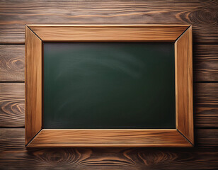 A blank chalkboard with a wooden frame, ready for lessons and creativity in a bright classroom setting.