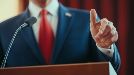 Obraz premium A speaker gestures passionately during a conference presentation in an elegantly decorated hall.