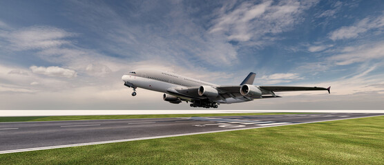 Airplane taking off from the runway.3d, rendering, illustration,