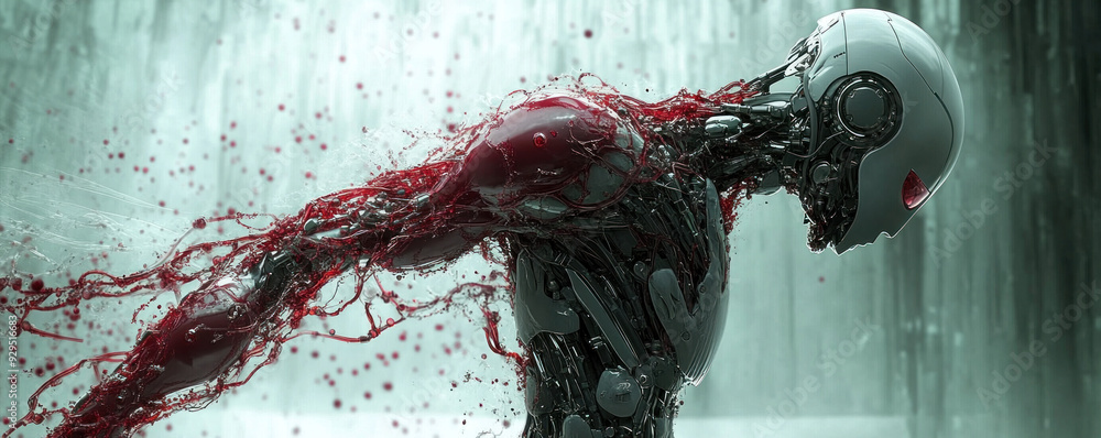 Poster a robot with red blood splattered on it. the robot is in a motion, possibly running or fighting. the