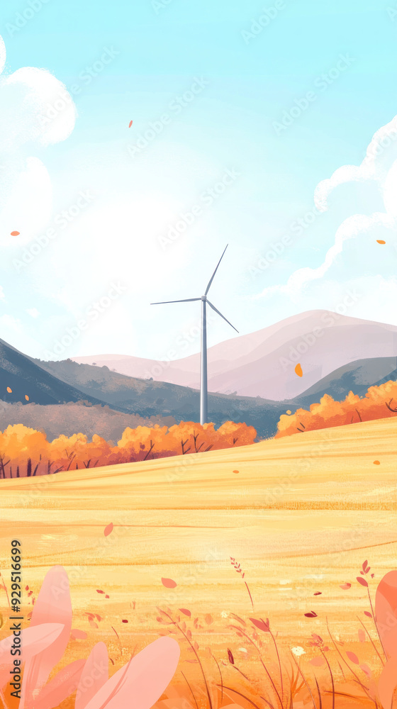 Poster a windmill is in the foreground of a field with mountains in the background. the scene is painted in