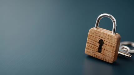 Close-up of a wooden padlock with a key on a dark background, symbolizing security, protection, and privacy in a rustic style.