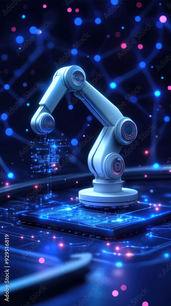 Poster a robot is standing on a blue background with a lot of lights. the robot is surrounded by a lot of l