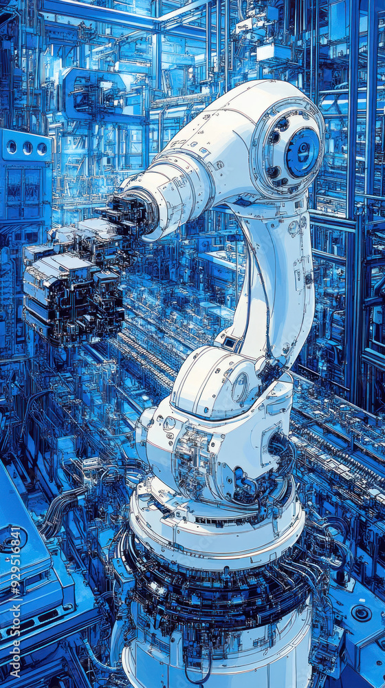 Poster a robot is standing in a blue cityscape. the robot is white and has a blue button on its head. the r