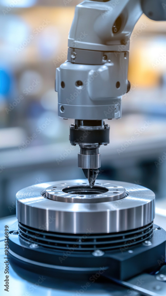 Poster a robot is drilling a hole into a metal object. the robot is made of metal and has a mechanical appe