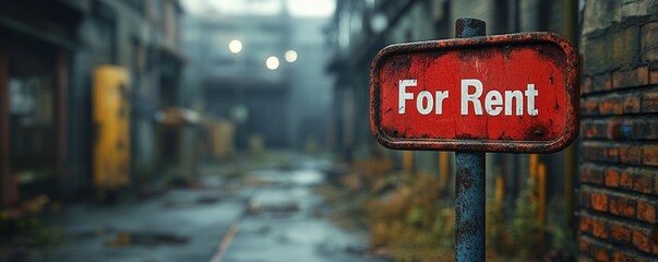 Torn "For Rent" signs in a vacant urban district, [commercial property crisis], [economic downturn]