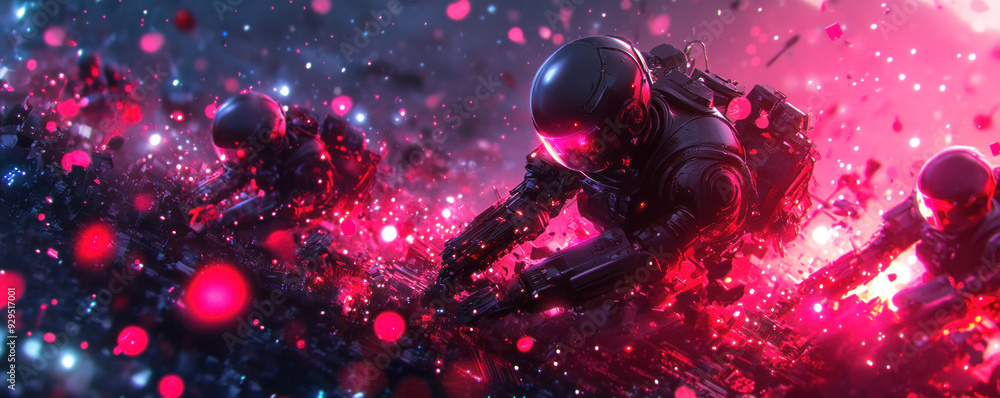 Poster a group of three robots are racing through a field of red and pink sparks. the scene is chaotic and 