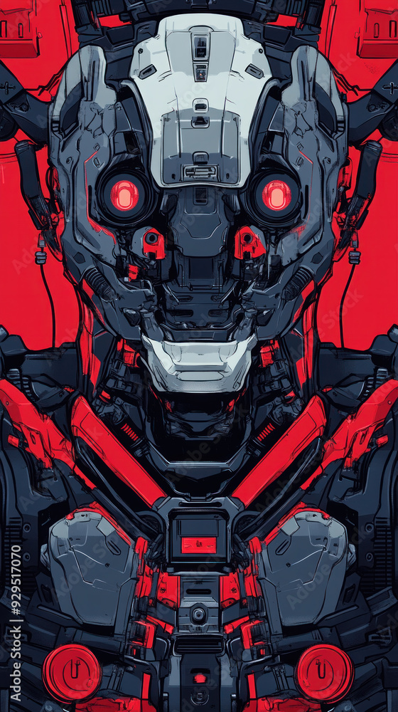 Poster a robot with red and black features is shown in a close up. the robot has a menacing look and is sur