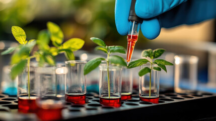 A person is pouring a liquid into a plant in a petri dish. The plant is in a lab setting and the liquid is red