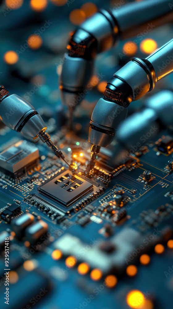 Poster a close up of a computer chip with a robot arm holding a probe. concept of precision and technology,