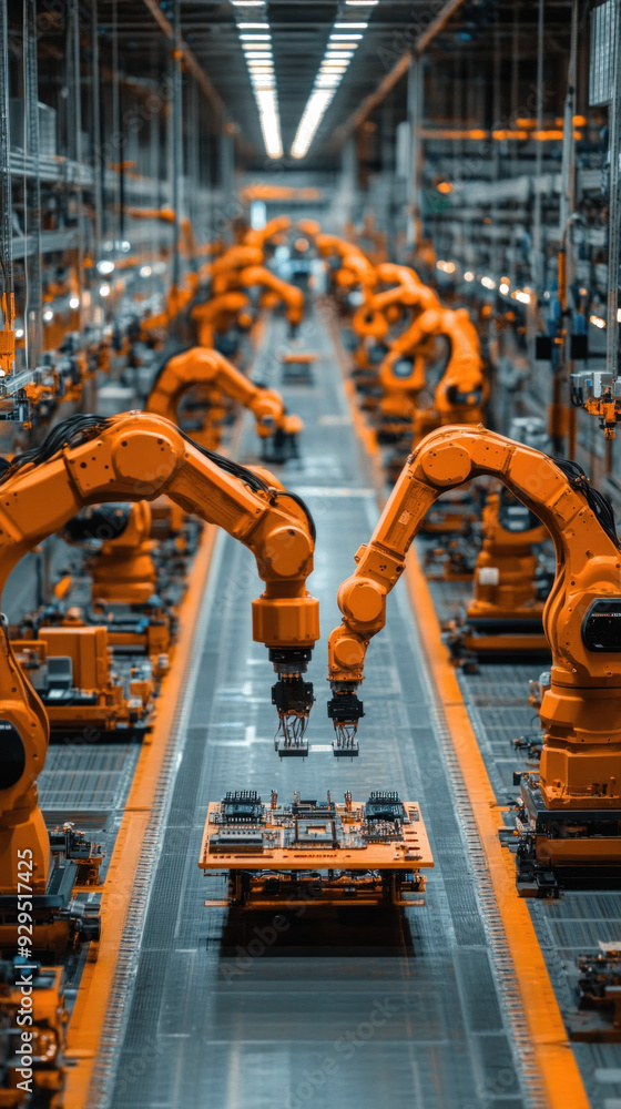 Poster a factory with many robots working on a conveyor belt. the robots are orange and are working togethe