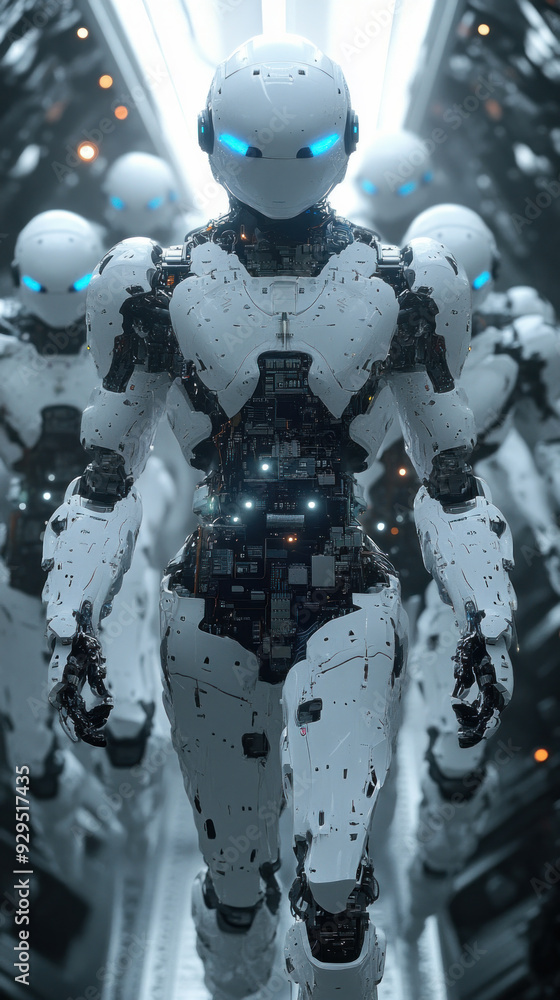 Poster a group of robots are walking down a hallway. the robots are all white and have blue eyes. the robot